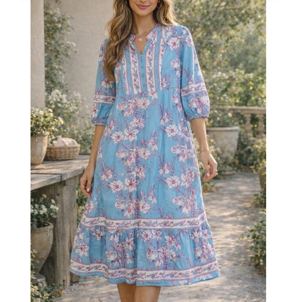 Celina Moon Boho Floral Cottagecore Bubble Sleeve MIDI Dress